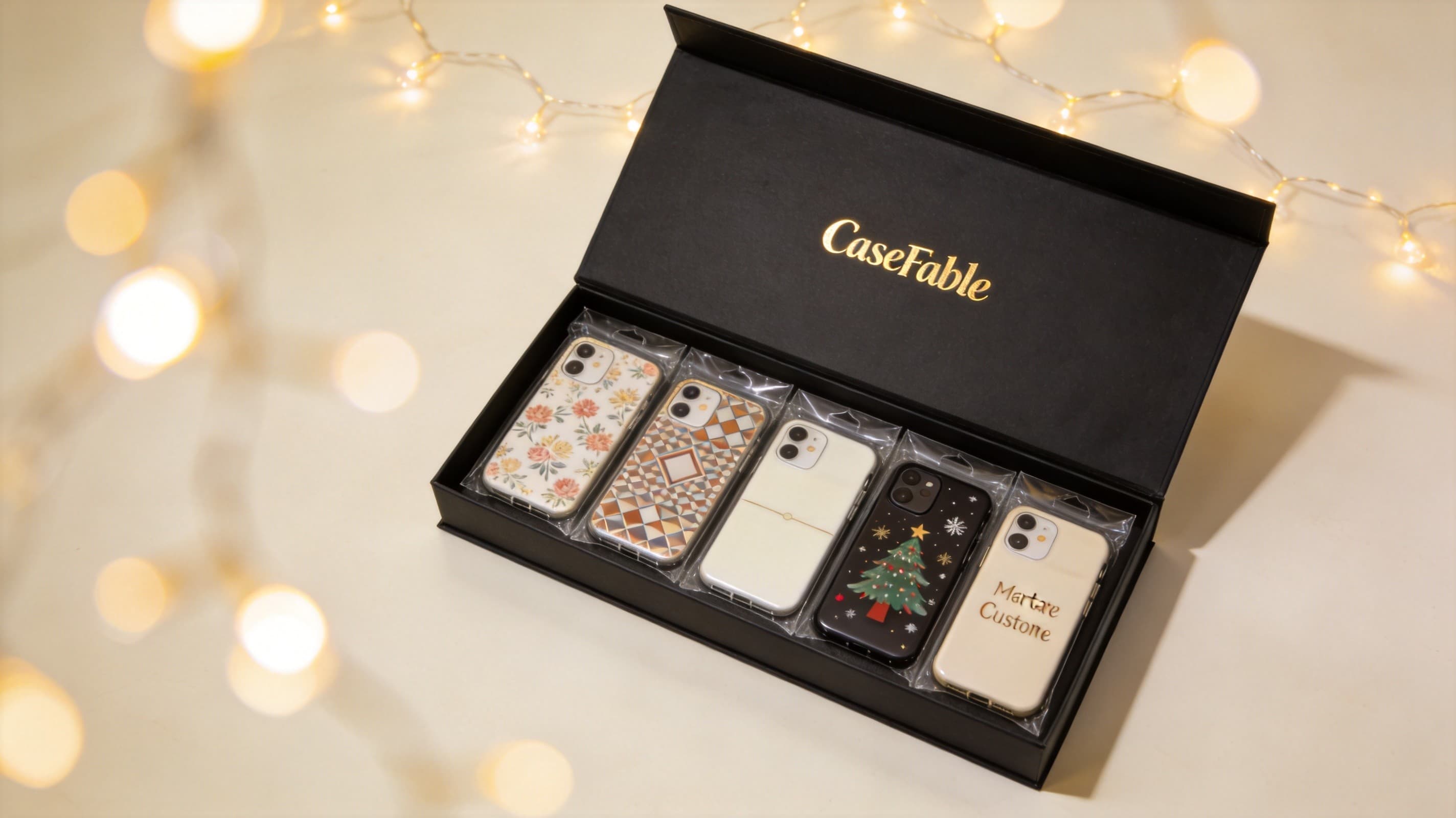 黑色年度礼盒内装 5 枚定制手机壳,盒盖印着金色 CaseFable logo